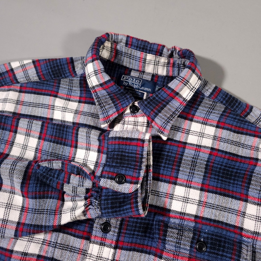 Polo Ralph Lauren Flannel Shirt Mens L Blue Red Plaid Matlock Cotton Button Down